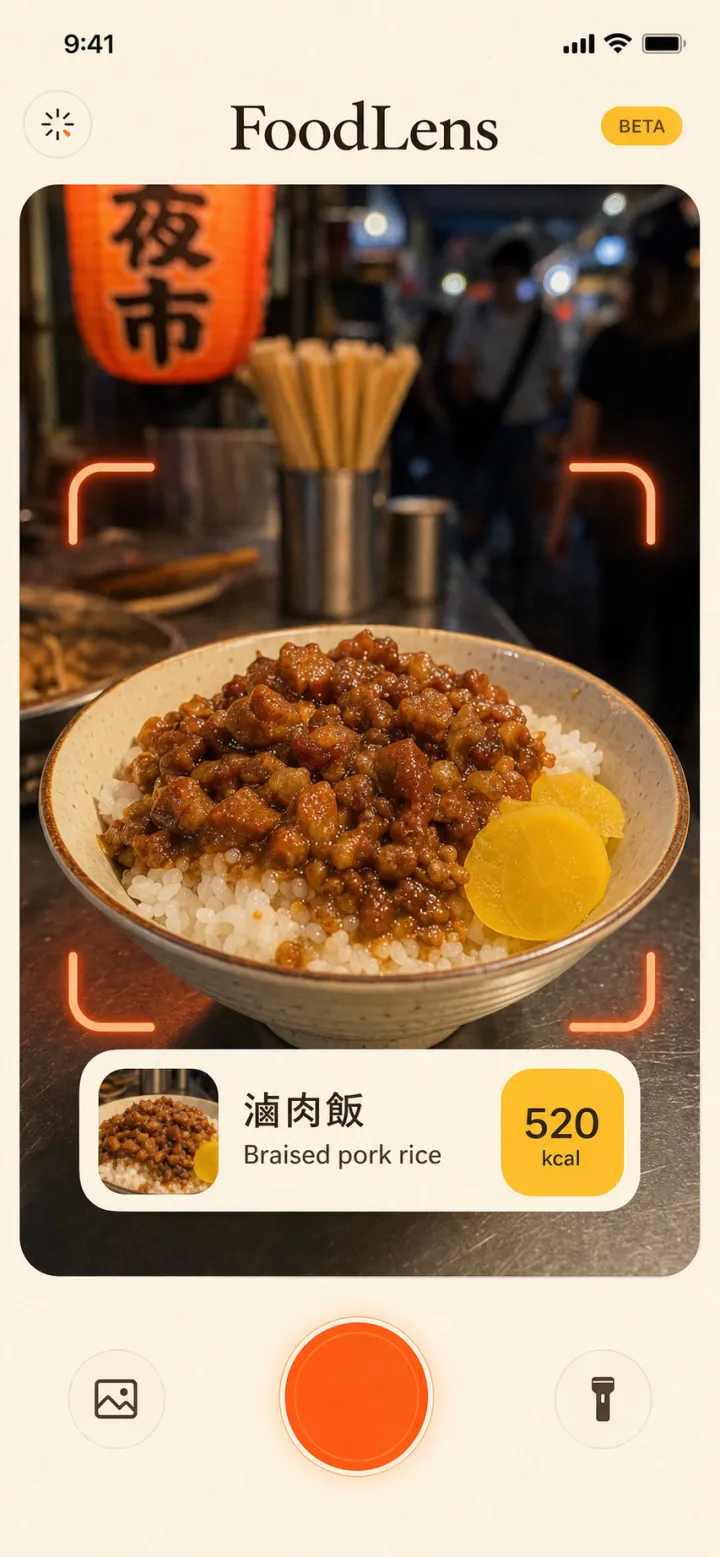 FoodLens concept — scanner locked on a bowl of 滷肉飯, identified as braised pork rice at 520 kcal