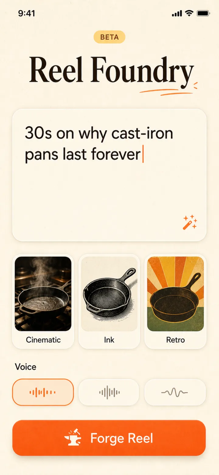 Reel Foundry concept — prompt and style picker screen