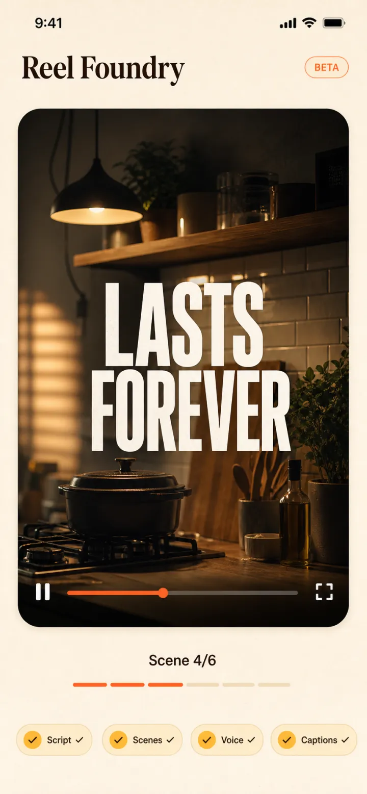 Reel Foundry concept — scene render with word-timed captions